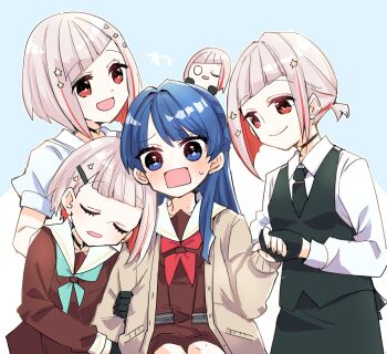 4girls :d aqua_neckerchief arm_hug black_choker black_gloves black_necktie black_skirt black_vest blue_background blue_eyes blue_hair blush brown_cardigan brown_dress cardigan character_doll choker collarbone collared_shirt colored_inner_hair commentary_request diagonal_bangs doll doll_on_head dress dress_shirt gloves grey_hair hair_ornament hairclip half_updo hasu_no_sora_school_uniform highres kanduki_kamibukuro link!_like!_love_live! long_hair long_sleeves love_live! low_ponytail mole mole_on_neck multicolored_hair multiple_girls multiple_persona multiple_seasonal_school_uniforms murano_sayaka neckerchief necktie nesoberi o-ring o-ring_choker open_cardigan open_clothes open_mouth pocket ponytail puffy_short_sleeves puffy_sleeves raised_inner_eyebrows rectangular_mouth red_hair red_neckerchief sailor_collar sailor_dress school_uniform shirt short_hair short_ponytail short_sleeves simple_background sitting skirt smile star_(symbol) star_hair_ornament streaked_hair summer_uniform surrounded sweatdrop taking_another&#039;s_hand time_paradox vest virtual_youtuber white_sailor_collar white_shirt winter_uniform yugiri_tsuzuri