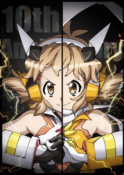 1girl anniversary armored_gloves artist_request bare_shoulders black_background black_border border breasts brown_hair electricity english_text eyelashes gloves hair_ornament hairband hairclip happy headphones highres jumpsuit light_brown_hair looking_at_viewer medium_breasts orange_jumpsuit scarf senki_zesshou_symphogear short_hair smile solo source_request split_screen tachibana_hibiki_(symphogear) white_hairband yellow_eyes