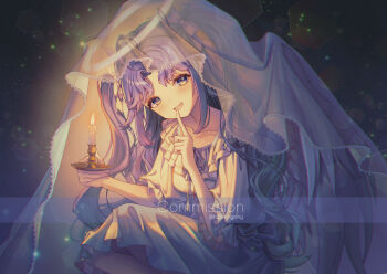 1girl blush breasts candle character_request collarbone commission copyright_request dress finger_to_mouth fire highres parted_lips purple_eyes smile solo tubering twitter_username two_side_up under_covers white_dress