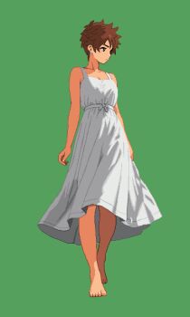 1girl alternate_costume barefoot brown_hair closed_mouth commentary_request dress earrings full_body green_background highres jewelry kei_sakuragi picopico256 pixel_art short_hair simple_background sleeveless sleeveless_dress solo the_scramble_vice very_short_hair white_dress