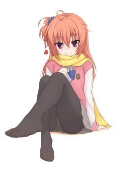 1girl adapted_costume ahoge andreypavlow arm_at_side black_pantyhose blue_bow blue_bowtie blue_scrunchie blush bow bowtie clenched_hand closed_mouth commentary english_commentary eyes_visible_through_hair feet foreshortening full_body grey_skirt hair_between_eyes hair_ornament hair_scrunchie hand_up heart highres inaba_meguru jacket knees_up legs letterman_jacket long_hair looking_at_viewer miniskirt no_shoes one_side_up orange_hair panties panties_under_pantyhose pantyhose pink_jacket plaid_clothes plaid_skirt pleated_skirt presenting_foot red_eyes sanoba_witch school_uniform scrunchie simple_background sitting skirt sleeves_past_wrists smile solo split_mouth thighs toenails toes underwear white_background white_sleeves