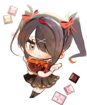 Rule 34 | 1girl, ame-chan (needy girl overdose), black hair, blush, candy, chibi, chibi only, chocolate, chocolate heart, commentary request, food, frown, full body, grey eyes, grey skirt, grey socks, hair over one eye, heart, heart-shaped food, highres, holding, holding chocolate, holding food, kneehighs, looking at viewer, naishukketsukata, needy girl overdose, no fingers, one eye covered, red shirt, shirt, simple background, skirt, socks, solo, standing, twintails, valentine, white background