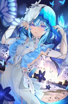 1girl absurdres armlet black_flower blake_bloom_(wuthering_waves) blue_butterfly blue_hair blue_veil blurry blush breasts bug butterfly butterfly_on_hand cloud colored_eyelashes commentary_request cowboy_shot crossed_bangs depth_of_field dress dutch_angle eyebrows_hidden_by_hair flower hair_between_eyes hands_up highres insect jewelry looking_at_viewer medium_breasts medium_hair miyako_0 multicolored_hair nail_polish ocean open_mouth outdoors purple_eyes purple_nails shorekeeper_(wuthering_waves) sideless_dress sidelocks silver_armlet sky sleeveless sleeveless_dress solo streaked_hair twilight two-tone_veil veil white_dress white_veil wuthering_waves