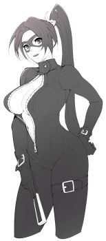 1girl borrowed_design breasts catsuit cleavage dead_or_alive dead_or_alive_5_last_round domino_mask eye_mask fatal_fury female_focus folding_fan greyscale hand_fan highres holding holding_fan kuma8132 large_breasts long_hair looking_at_viewer mask monochrome open_mouth ponytail shiranui_mai smile snk solo standing the_king_of_fighters unzipped