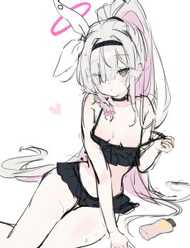 1girl absurdres alternate_costume alternate_hairstyle bare_arms bare_legs bare_shoulders bikini bikini_skirt black_bikini black_choker black_hairband blue_archive blush bow braid breast_press breasts breasts_apart choker collarbone colored_inner_hair cowboy_shot dot_nose expressionless eyes_visible_through_hair feet_out_of_frame frilled_bikini frills grey_eyes hair_between_eyes hair_bow hair_elastic hair_over_one_eye hair_ribbon hair_spread_out hair_tie hairband halo hand_up heart high_ponytail highres leaning_to_the_side loli long_bangs long_hair looking_at_viewer lotion low_neckline multicolored_hair one_eye_covered parted_lips pink_hair pink_halo pink_pupils plana_(blue_archive) ponytail pulling_own_clothes red_pupils ribbon ring_hair_ornament shouu-kun side_braid simple_background single_braid sitting sketch small_breasts solo stomach strap_pull strap_slip string_bikini sunscreen sweat sweatdrop swept_bangs swimsuit thigh_gap thighs traditional_halo two-tone_hair very_long_hair white_background white_bow white_hair white_ribbon