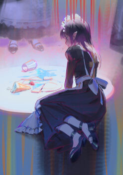 3girls absurdres apron black_dress black_hair black_shoes broken_plate cake cake_slice cup ddal dress drinking_glass flying_sweatdrops food frilled_apron frills fruit highres juliet_sleeves long_hair long_sleeves maid maid_headdress multiple_girls original pantyhose parted_lips plate pointy_ears puffy_sleeves purple_hair shoe_soles shoes solo_focus spill strawberry white_apron white_pantyhose