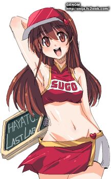1990s_(style) 1girl arm_behind_head armpits brown_eyes brown_hair character_name clothes_writing cowboy_shot cyberformula female_focus future_gpx_cyber_formula happy looking_at_viewer microskirt midriff oekaki onija_tarou race_queen retro_artstyle sign skirt smile solo standing sugou_asuka visor_cap