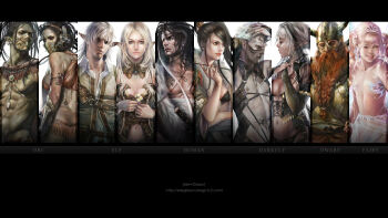5boys 5girls armor beard black_hair blonde_hair blue_eyes braid breasts bridal_gauntlets brown_eyes brown_hair cleavage colored_skin column_lineup crop_top dark_elf drill_hair dwarf earrings elf facial_hair fairy fantasy flat_chest flower green_eyes green_skin grin hage2013 hair_flower hair_ornament helmet highres horns jewelry lineage lineage_2 long_hair mask medium_breasts multiple_boys multiple_girls muscular navel navel_piercing necklace nipple_piercing nipples orc original panties piercing pointy_ears red_eyes samurai small_breasts smile sword tattoo tiara tunic twintails underwear veil watermark weapon white_hair