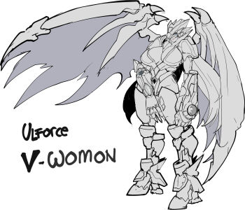 1girl armor breasts digimon digimon_(creature) female_focus highres looking_at_viewer oridigi original solo ulforcev-dramon wings
