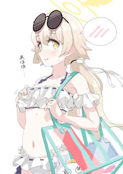 Rule 34 | 1girl, bag, bikini, blue archive, blush, brown hair, buruakae, check translation, cowboy shot, eyewear on head, from side, halo, hifumi (blue archive), hifumi (swimsuit) (blue archive), highres, looking at viewer, navel, official alternate costume, round eyewear, ruffle bikini, shoulder bag, simple background, solo, speech bubble, sunglasses, swimsuit, translation request, transparent bag, white background, white bikini, winged halo, yellow halo