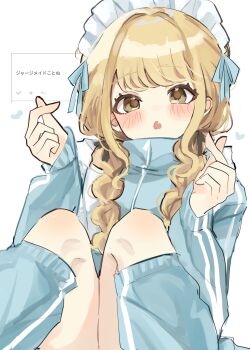 1girl apron blonde_hair blue_jacket blue_leg_warmers blue_ribbon blush braid braided_twintails commentary_request double_finger_heart fan_request fang feet_out_of_frame finger_heart fujita_kotone gakuen_idolmaster hair_ribbon hands_up heart highres idolmaster jacket jersey_maid knees_up leg_warmers long_hair long_sleeves looking_at_viewer maid maid_apron maid_headdress odaibako open_mouth request_inset ribbon ruo_015 simple_background sitting skin_fang solo striped_clothes striped_jacket swept_bangs tenshi_kaiwai track_jacket translation_request twin_braids unconventional_maid vertical-striped_clothes vertical-striped_jacket white_apron white_background white_headdress