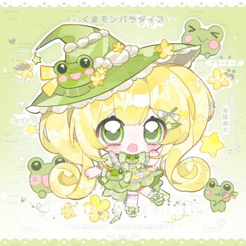 1girl :d asymmetrical_legwear blonde_hair blunt_bangs blush chibi chibi_only double-parted_bangs dress frog full_body gradient_background green_background green_dress green_eyes green_hat green_shoes hair_between_eyes hand_up hat highres long_hair open_mouth original shoes short_sleeves single_sock single_thighhigh smile socks solo standing standing_on_one_leg thighhighs twintails uneven_legwear watermark white_socks white_thighhighs witch_hat yikemaohetao
