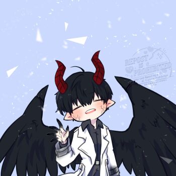 1boy ahoge black_hair black_shirt black_wings closed_eyes coat collared_shirt colored_extremities colored_veins commentary cowboy_shot demon_horns double-parted_bangs english_commentary feathered_wings gradient_clothes grin hair_between_eyes hand_up head_tilt highres horns kim_dokja kimidori_22 male_focus omniscient_reader&#039;s_viewpoint open_clothes open_coat pointy_ears shirt short_hair smile solo teeth upper_teeth_only white_coat wings