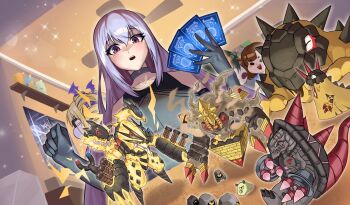 Rule 34 | 10 09hwan, 1boy, 3girls, agumon, bare shoulders, blackwargreymon, card, choker, close (digimon), digimon, digimon (creature), digimon card game, digimon liberator, evolutionary line, gabumon, glasses, goromon, grey hair, highres, holding, holding card, kazama shoto, kinosaki arisa, landramon, magneticdramon, mask, mouth mask, multiple girls, proganomon, purple eyes, pyramidimon, sand, sunamon, sunarizamon, terriermon, trading card, violet inboots