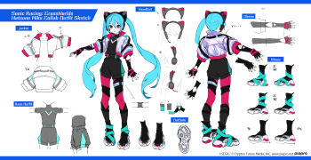 1girl animal_ear_headphones animal_ears arm_at_side black_gloves black_shirt black_shorts blue_eyes blue_hair blue_nails cat_ear_headphones cat_ears closed_mouth colored_shoe_soles copyright_notice cropped_jacket crypton_future_media fake_animal_ears fingerless_gloves full_body gloves hair_between_eyes hatsune_miku headphones headset highres iridescent_clothes jacket leggings long_hair looking_at_viewer multiple_views nail_polish official_art open_clothes open_jacket outstretched_arm pink_leggings reference_sheet sega shirt shorts simple_background smile sonic_(series) sonic_racing:_crossworlds standing thigh_strap twintails very_long_hair vocaloid white_background white_jacket