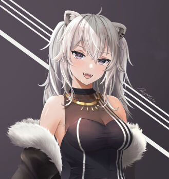 1girl animal_ear_piercing animal_ears artist_name bare_shoulders black_dress black_jacket breasts cleavage clothes_pull commentary dated dress fur-trimmed_jacket fur_trim grey_hair highres hololive jacket jacket_pull jewelry light_blush light_smile lion_ears lion_girl long_hair looking_at_viewer medium_breasts necklace off-shoulder_dress off_shoulder open_mouth parted_lips purple_eyes reeper_gtr shishiro_botan shishiro_botan_(1st_costume) sidelocks simple_background solo strapless strapless_dress teeth upper_body virtual_youtuber