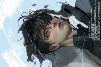 1boy aegyo_sal black_hair black_jacket black_shirt cloud cloudy_sky commentary crew_neck crying crying_with_eyes_open day green_eyes hair_over_one_eye highres hood hood_up jacket male_focus meltoring one_eye_closed original outdoors parted_lips shirt short_hair sideways sky solo symbol-only_commentary tears torn_clothes