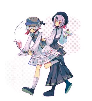 2girls absurdres black_shoes black_skirt brown_hat cocktail_glass colored_inner_hair cup drinking_glass dropping full_body grey_hair hair_ornament hand_up hat headscarf highres holding holding_plate long_skirt long_sleeves mahou_shoujo_no_majo_saiban multicolored_hair multiple_girls official_alternate_costume open_mouth pink_hair plate pleated_skirt red_eyes sakuraba_ema shirt shito_alisa shoes short_hair skirt socks standing standing_on_one_leg sweatdrop treasure_cafe vest walking white_hair white_shirt white_skirt white_socks x_hair_ornament zuimei_xiangfang_mo