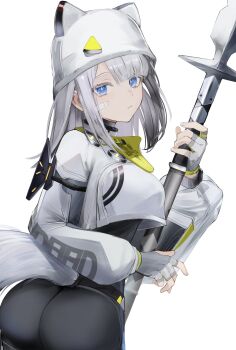 1girl absurdres animal_hat arknights arknights:_endfield bandaid bandaid_on_cheek bandaid_on_face black_bodysuit blue_eyes bodysuit breasts bright_pupils butt_crack cat_girl cat_tail clothing_cutout commentary_request estella_(arknights) eugle_na fingerless_gloves from_behind gloves grey_gloves grey_hair hat hat_with_ears highres holding holding_polearm holding_weapon impossible_bodysuit impossible_clothes large_breasts long_hair long_sleeves looking_at_viewer looking_back polearm shirt_overhang shrug_(clothing) simple_background solo tail tail_through_clothes weapon white_background white_hat white_pupils white_shrug