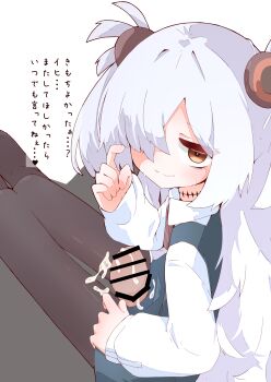 1boy 1girl absurdres bar_censor black_pantyhose blue_archive brown_eyes censored closed_mouth commentary_request cum dress grey_dress hair_over_one_eye hetero highres kanoe_(blue_archive) long_hair long_sleeves looking_at_viewer pantyhose penis pinafore_dress puffy_long_sleeves puffy_sleeves rano_u_rabe scar scar_on_neck shirt sitting sleeveless sleeveless_dress solo_focus thigh_sex translation_request two_side_up white_hair white_shirt