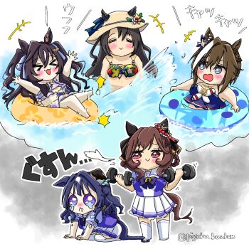 &gt;_&lt; 5girls animal_ears barbell bikini blue_bikini blue_ribbon blush bow bowtie braid braided_hair_rings brown_hair cheval_grand_(summer_calm_navy_drop)_(umamusume) cheval_grand_(umamusume) crying ear_covers ears_through_headwear floral_print floral_print_bikini flower gentildonna_(umamusume) hair_between_eyes hair_down hair_ribbon hair_rings hat hat_flower highres horse_ears horse_girl horse_tail horseshoe_ornament innertube multicolored_hair multiple_girls official_alternate_costume official_alternate_hairstyle piyoko_kankan pleated_skirt print_bikini puffy_short_sleeves puffy_sleeves purple_bow purple_bowtie purple_eyes purple_serafuku purple_shirt red_eyes ribbon ruffle_bikini sailor_collar sailor_shirt satono_crown_(sunny_island_splendor)_(umamusume) satono_crown_(umamusume) school_uniform serafuku shirt short_sleeves single_ear_cover skirt straw_hat streaked_hair summer_uniform sun_hat swim_ring swimsuit tail thighhighs tracen_school_uniform twitter_username umamusume v_sisters verxina_(umamusume) vivlos_(eclat_d&#039;ete)_(umamusume) vivlos_(umamusume) wavy_hair white_skirt white_streaks white_thighhighs