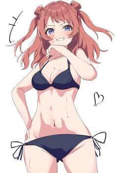 1girl absurdres bikini black_bikini blue_eyes blush breasts brown_hair clenched_teeth commentary_request gakuen_idolmaster gluteal_fold hanami_saki hand_on_own_hip highres idolmaster long_hair medium_breasts navel open_mouth side-tie_bikini_bottom simple_background solo stomach sweat swimsuit teeth two_side_up urishima white_background