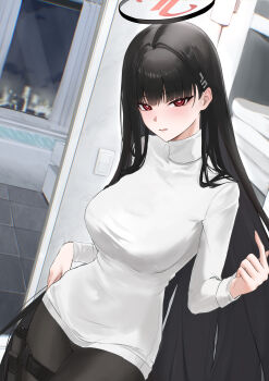 1girl absurdres black_hair blue_archive blush breasts bwalg_(aftv5725) commentary_request hair_ornament hairclip halo highres holster large_breasts long_hair looking_at_viewer open_mouth red_eyes ringed_eyes rio_(blue_archive) solo sweater thigh_holster turtleneck turtleneck_sweater variant_set very_long_hair white_sweater