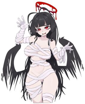 1girl absurdres alternate_costume bandages black_hair black_wings blood blood_halo blue_archive breasts gluteal_fold halo highres large_breasts liquid_halo long_hair looking_at_viewer mummy_costume naked_bandage neamosub open_mouth red_eyes simple_background solo tsurugi_(blue_archive) white_background wings
