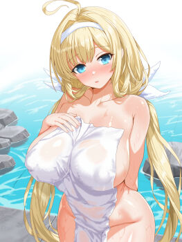 1girl ahoge arm_behind_back azur_lane bare_shoulders blonde_hair blue_eyes blush breasts collarbone groin hair_ribbon hairband highres huge_breasts long_hair looking_at_viewer low_twintails massena_(azur_lane) massena_(sweetly_intoxicating_spring)_(azur_lane) naked_towel parted_lips ribbon rock solo towel twintails very_long_hair water white_hairband white_ribbon yok265