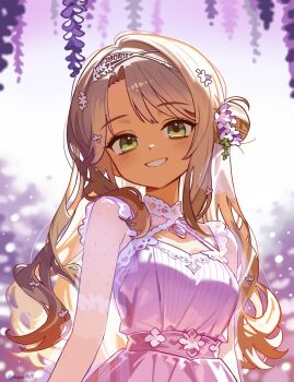 1girl absurdres blonde_hair breasts commentary dress english_commentary flower green_eyes grin hair_bun hair_flower hair_ornament hepari highres long_hair looking_at_viewer medium_breasts original parted_bangs pink_dress see-through_clothes see-through_sleeves short_sleeves smile solo upper_body