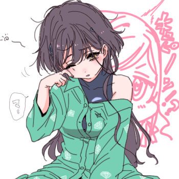 2girls black_hair breasts button_gap ceras_yanagida_lilienfeld commentary_request diamond_print green_shirt jellyfish_cut katsuragi_izumi link!_like!_love_live! long_hair long_sleeves love_live! medium_breasts messy_hair multiple_girls one_eye_closed partially_unbuttoned print_shirt shinanoya_(satanicad) shirt single_bare_shoulder single_off_shoulder solo_focus tears translation_request virtual_youtuber wiping_tears yellow_eyes