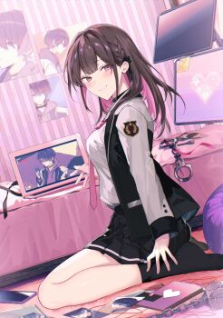 1girl black_jacket black_skirt black_socks braid breasts brown_hair cellphone chain character_request closed_mouth commentary_request computer copyright_request cuffs handcuffs heart highres indoors jacket laptop letterman_jacket looking_at_viewer looking_to_the_side medium_breasts monitor multicolored_hair necktie no_shoes official_art open_clothes open_jacket phone pink_hair pink_necktie pixelated pleated_skirt red_eyes shirt sitting skirt smile socks solo two-tone_hair wariza white_shirt yoshida_bana