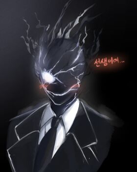 Rule 34 | 1boy, absurdres, black background, black necktie, black skin, black suit, black suit (blue archive), blue archive, blush, collared shirt, colored skin, commentary request, cracked skin, formal clothes, glowing, glowing eye, hasarang, highres, korean text, looking at viewer, male focus, necktie, shirt, simple background, smile, solo, suit, translation request, upper body, white shirt