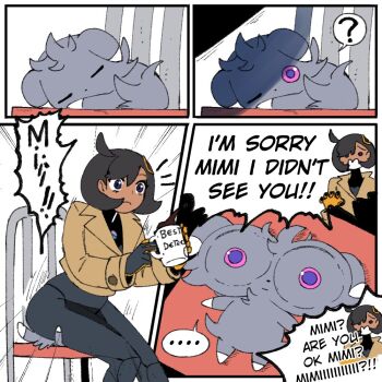 ! !? ... 1girl 1other ? ass black_hair bodysuit cowboy_shot cup curvy dark-skinned_female dark_skin emma_(pokemon) english_text espurr expressionless gen_6_pokemon holding holding_cup huge_ass injury jacket looking_at_another looking_back lying meme meme_request motion_lines nintendo on_back pokemon pokemon_legends:_z-a road scared shiny_clothes short_hair simple_background sitting sitting_on_face sitting_on_person size_difference sleeping standing wanderjegson white_background wide_hips