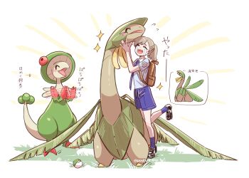 1girl backpack bag breloom brown_hair clapping crying gen_3_pokemon happy happy_aura highres juliana_(pokemon) necktie nintendo open_mouth pokemon pokemon_(creature) pokemon_sv pon_(ponymmtknsk) ponytail purple_necktie purple_shorts purple_socks shirt shorts socks streaming_tears tears translation_request tropius white_shirt