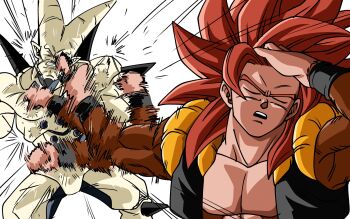 2boys adjusting_hair afterimage black_vest body_fur brown_fur closed_eyes cropped_vest dragon dragon_ball dragon_ball_gt gogeta highres long_hair male_focus meme metamoran_vest multiple_boys muscular muscular_male naoya_hitting_choso_without_looking_(meme) no_shirt omega_shenron punching red_hair smear_frame spiked_hair super_saiyan super_saiyan_4 upper_body vest white_background yun_the_bit