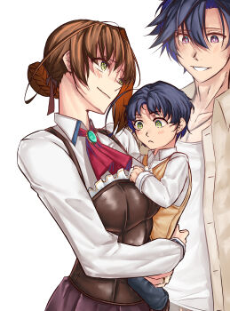 1boy 1girl 2boys absurdres antenna_hair ascot baby black_hair bodice braid brooch brown_hair bun_with_braided_base carrying carrying_baby carrying_person collarbone commentary duvalie eiyuu_densetsu english_commentary green_eyes hair_bun highres if_they_mated jewelry long_sleeves moren_eh multiple_boys open_mouth original parted_lips purple_eyes rean_schwarzer red_ascot sen_no_kiseki_(series) short_hair simple_background single_hair_bun single_hair_intake smile upper_body white_background