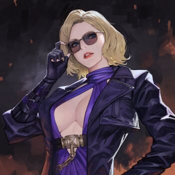 1girl adjusting_eyewear belt belt_buckle black_gloves black_jacket blonde_hair blue_eyes breasts buckle center_opening chain cleavage dress fingerless_gloves gloves halter_dress halterneck highres jacket large_breasts leather leather_jacket lipstick makeup namco nina_williams no_bra phamoz purple_dress red_lips short_hair solo sunglasses tekken tekken_2 tekken_3 tekken_4 tekken_5 tekken_5_(dark_resurrection) tekken_7 tekken_8 tekken_blood_vengeance tekken_bloodline tekken_tag_tournament tekken_tag_tournament_2 upper_body
