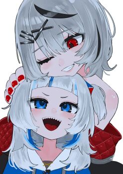 2girls animal_costume animal_hood black_hair blue_eyes blue_hair blue_hoodie blunt_bangs braid camisole collar gawr_gura gawr_gura_(1st_costume) gloves grey_hair hair_ornament hand_on_another&#039;s_head headpat highres hololive hololive_english hood hoodie long_hair long_sleeves looking_at_viewer medium_hair multicolored_hair multiple_girls off-shoulder_jacket off_shoulder open_mouth pendant_collar red_eyes sakamata_chloe sakamata_chloe_(1st_costume) shark_costume shark_girl shark_hair_ornament shark_hood shark_print sharp_teeth smile streaked_hair teeth two_side_up virtual_youtuber white_camisole x_hair_ornament yuuppi