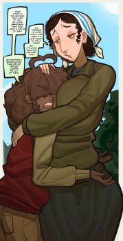 Rule 34 | 1boy, 1girl, absurdres, ahoge, angry, aquiline nose, barry jay-miguire (zamoshvik), black skirt, borrowed character, breast press, breasts, brown hair, brown pants, censored profanity, comforting, commission, curly hair, dark-skinned male, dark skin, eyebrows hidden by hair, face to breasts, freckles, green jacket, hair over eyes, hand on another's head, headscarf, height difference, highres, hug, huge breasts, implied death, jacket, judaism, letterman jacket, long hair, long skirt, looking at another, nose, open mouth, original, pants, profanity, short hair, shoshanna (hellonearthiii), skirt, speech bubble, standing, tall female, white headscarf, zamoshvik