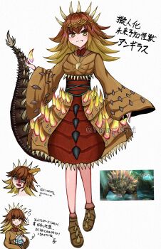 1girl ? anguirus anguirus_(cosplay) blonde_hair blood blood_from_forehead blue_eyes bones_(company) breasts brown_hair cosplay day dinosaur dinosaur_girl dinosaur_tail fangs forest genderswap genderswap_(mtf) giant giant_monster glowing glowing_spikes godzilla_(series) godzilla_singular_point grey_eyes harpoon horns japanese_clothes japanese_text jet_jaguar jewelry kaiju kimono looking_at_viewer mecha monster monster_girl multicolored_hair nasal_horn nature necklace no_pupils orange_(company) personification photo-referenced reference_inset reptile_girl river robot screenshot_inset sharp_teeth simple_background small_breasts spiked_tail spikes tail teeth thagomizer toho_(movie_company) tongue translation_request tree two-tone_hair white_background yanagi_zaki yellow_eyes