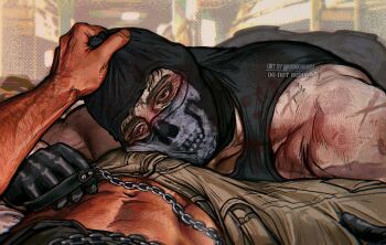 2boys bara black_gloves black_tank_top brown_pants bulge call_of_duty call_of_duty:_modern_warfare_2 facepaint ghost_(modern_warfare_2) gloves hand_on_another&#039;s_head highres male_focus mask multiple_boys muscular muscular_male navel pants skull_mask soap_(modern_warfare_2) solo_focus tank_top twitter_username umikochannart yaoi