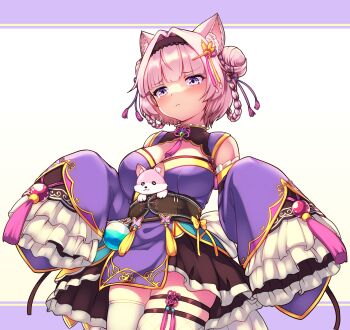 1girl animal_ears black_hairband blue_eyes blush bow braid braided_hair_rings breasts brown_corset brown_skirt china_dress chinese_clothes cleavage closed_mouth corset detached_sleeves double_bun dress gradient_eyes hair_bun hair_intakes hair_ornament hair_ribbon hair_rings hairband hakui_koyori highres hololive kokoro_(hakui_koyori) large_breasts legwear_garter long_sleeves looking_down medium_hair multicolored_eyes pink_hair pink_ribbon purple_background purple_dress purple_eyes purple_sleeves ribbon single_legwear_garter skirt sleeves_past_fingers sleeves_past_wrists tassel tdk thigh_strap thighhighs thighs two-tone_background white_background white_thighhighs wolf_ears wolf_girl yellow_bow