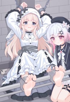 3girls absurdres barefoot beret black_hat blonde_hair bound cellphone commentary_request cross cross_earrings cross_ornament crying crying_with_eyes_open dress earrings eugenecolin flower frilled_dress frills glass_bottle grey_eyes hair_ornament hat hat_flower highres hikami_meruru hime_cut jewelry mahou_shoujo_no_majo_saiban multiple_girls o-ring o-ring_thigh_strap phone pink_eyes pink_hair priestess restrained sakuraba_ema smartphone soles tearing_up tears thigh_strap veil white_dress white_flower white_hair white_veil x_hair_ornament