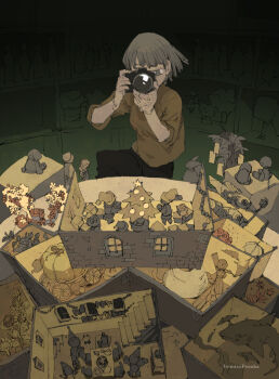 1girl birthday_cake black_pants brown_skirt cake camera carriage christmas_tree demizu_posuka diorama food grey_eyes grey_hair happy_birthday holding holding_camera indoors original pants plant potted_plant shark short_hair skirt solo table taking_picture