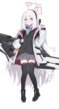 1girl absurdres ankle_boots black_boots black_bow black_hairband black_jacket black_thighhighs blue_archive blue_necktie blush boots bow bright_pupils buttons chinese_commentary closed_mouth collared_shirt commentary_request double-parted_bangs eyes_visible_through_hair full_body grey_skirt hair_between_eyes hair_bow hairband halo hand_up highres holding holding_own_hair holding_strap jacket kei_(blue_archive) long_hair long_hair_between_eyes long_sleeves looking_at_viewer multicolored_jacket necktie open_clothes open_jacket pink_eyes pink_halo pink_jacket pleated_skirt puffy_long_sleeves puffy_sleeves railgun rectangular_halo shirt simple_background skirt solo thighhighs very_long_hair weapon white_background white_hair white_jacket white_pupils white_shirt xiaoxiaoyifan