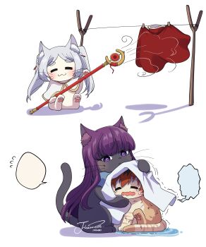 absurdres animal animal_ear_fluff animal_with_hair animalization blank_speech_bubble blunt_bangs blush capelet cat clothed_animal commentary fern_(sousou_no_frieren) frieren grey_hair highres j_humbo long_hair magic no_humans open_mouth purple_hair red_hair simple_background sitting smile sousou_no_frieren speech_bubble stark_(sousou_no_frieren) symbol-only_commentary tearing_up towel trembling white_background white_capelet wind