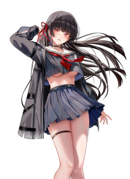 1girl arm_up black_choker black_hair black_jacket black_serafuku black_shirt black_skirt blush breasts chisa_(wuthering_waves) choker commentary crop_top feet_out_of_frame hair_ribbon highres jacket long_hair looking_at_viewer mole mole_under_eye neckerchief open_clothes open_jacket paid_reward_available parted_lips red_eyes red_neckerchief red_ribbon ribbon ru_zhai sailor_collar school_uniform serafuku shirt simple_background skirt smile solo symbol-only_commentary thigh_strap thighs underboob white_background white_sailor_collar wind wuthering_waves