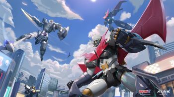 battle blue_sky building city cloud copyright_name crossover firing flying great_mazinger_(robot) gun highres holding holding_gun holding_sword holding_weapon iron_saga mazinger_(series) mazinger_z mazinger_z_(mecha) mecha mountain no_humans official_art robot sky sword vassago_(iron_saga) weapon wings