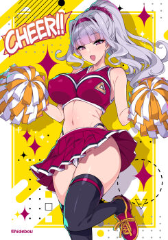 1girl bare_shoulders blush breasts cheerleader commentary_request crop_top grey_hair hairband hidebou highres idolmaster idolmaster_(classic) large_breasts long_hair looking_at_viewer midriff navel open_mouth pom_pom_(cheerleading) ponytail purple_eyes shijou_takane sidelocks skirt smile solo thighhighs
